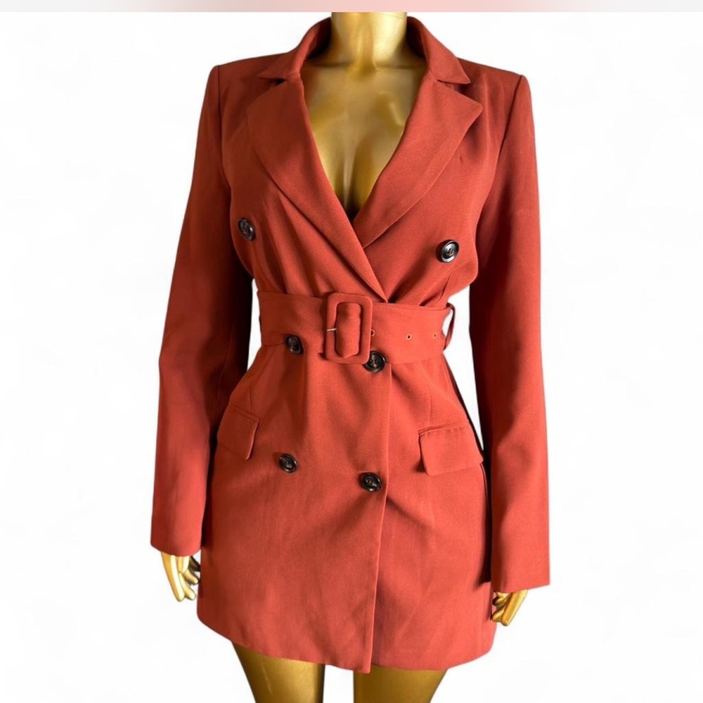 essue Double-Breasted Belted Blazer in Rust